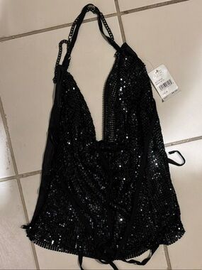 Astr Black Sequin Halter Top